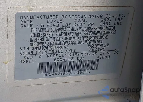 2018 Nissan Sentra Sv z USA, uszkodzony, nr VIN 3N1AB7AP7JL638076